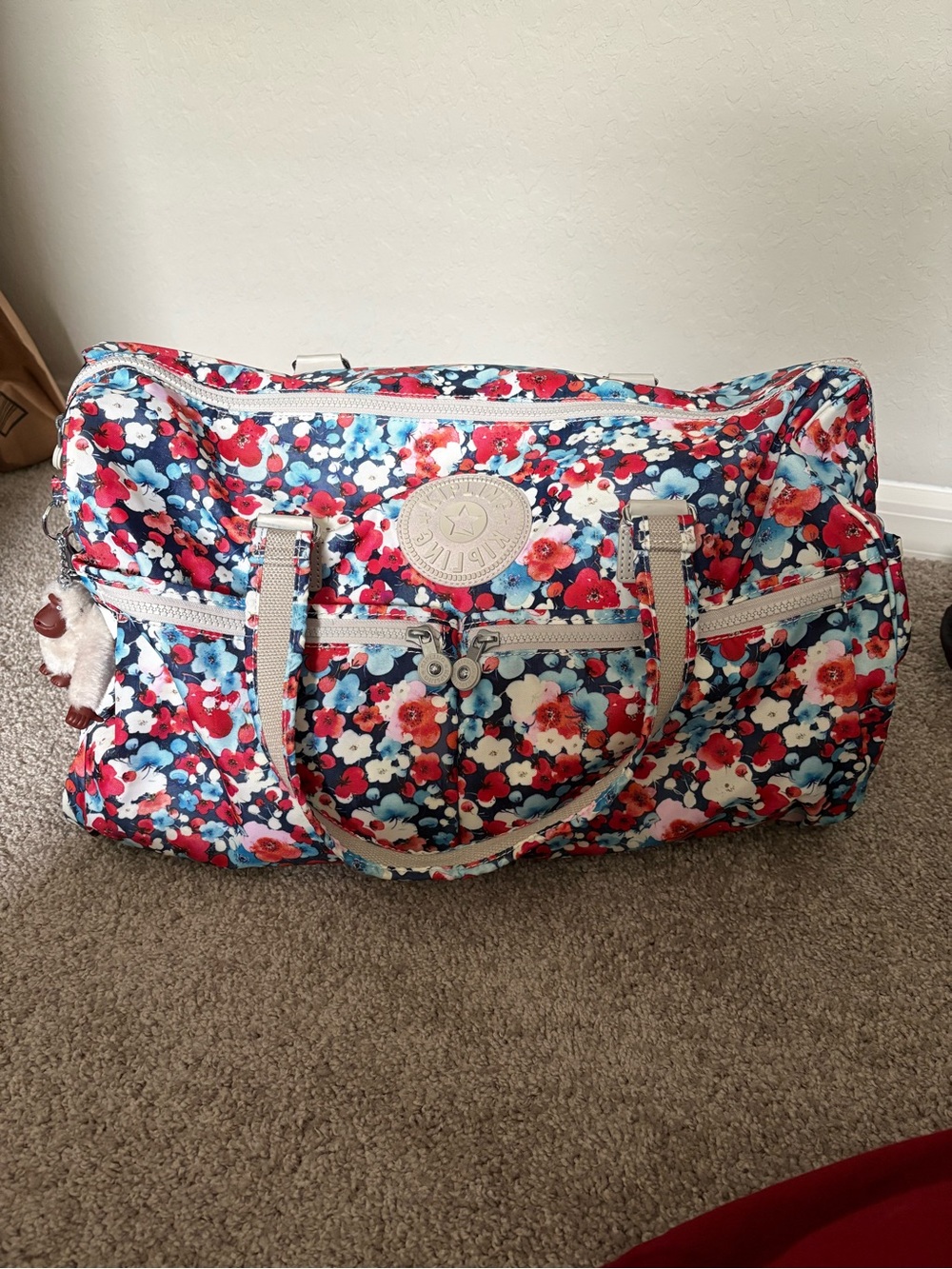Kipling Floral Travel Bag in Red, Navy & Light Blue